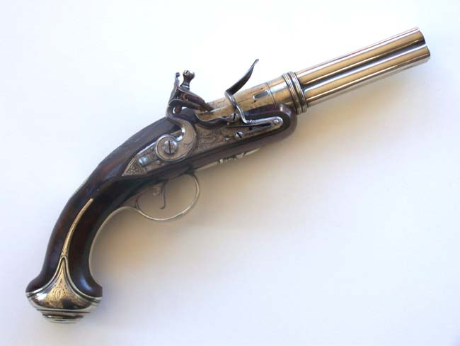 An EXCEPTIONALLY RARE  British Flintlock 'Paktong' Mounted Four Barrelled Naval Volley Pistol circa 1775